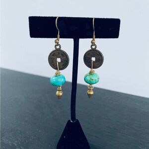 Artisan Chinese Lucky Coin Pendant Earrings with Turquoise Stone